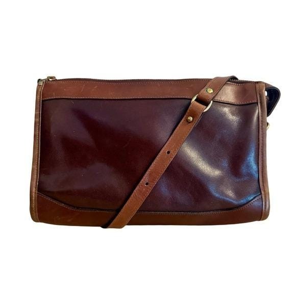 Vintage 90s Brahmin Fairhaven Smooth Two‑Tone Brown Leather Shoulder Bag Purse - Picture 2 of 6